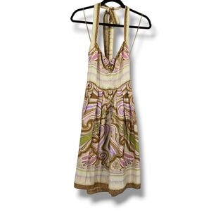 Nicole Miller Collection 100% Silk Paisley Halter Dress Pink Green Brown Size 2